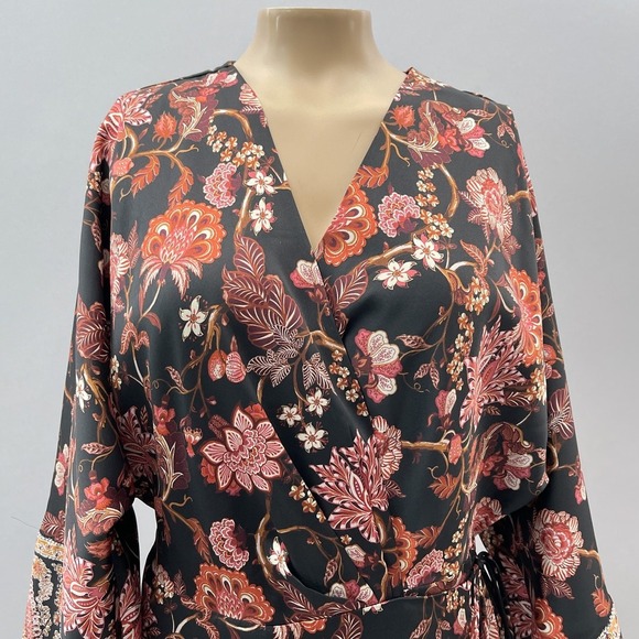 Mango MNG Floral Fringe Maxi Kimono Dress Bell Sleeve Black Red Women's Size 6 - Picture 8 of 16